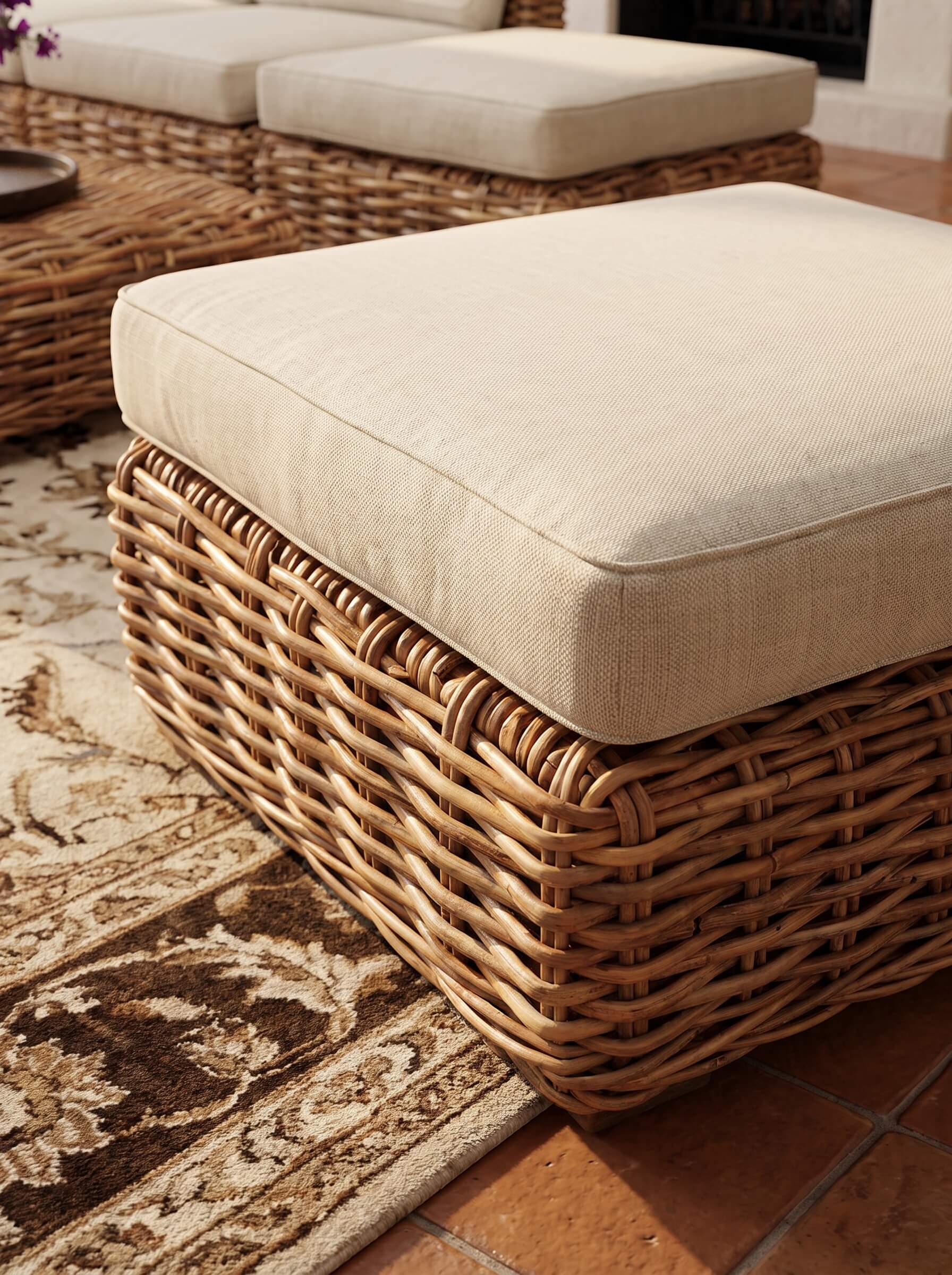 Close-up of woven rattan pattern on chair
Sculptural rattan lounge seating in living room