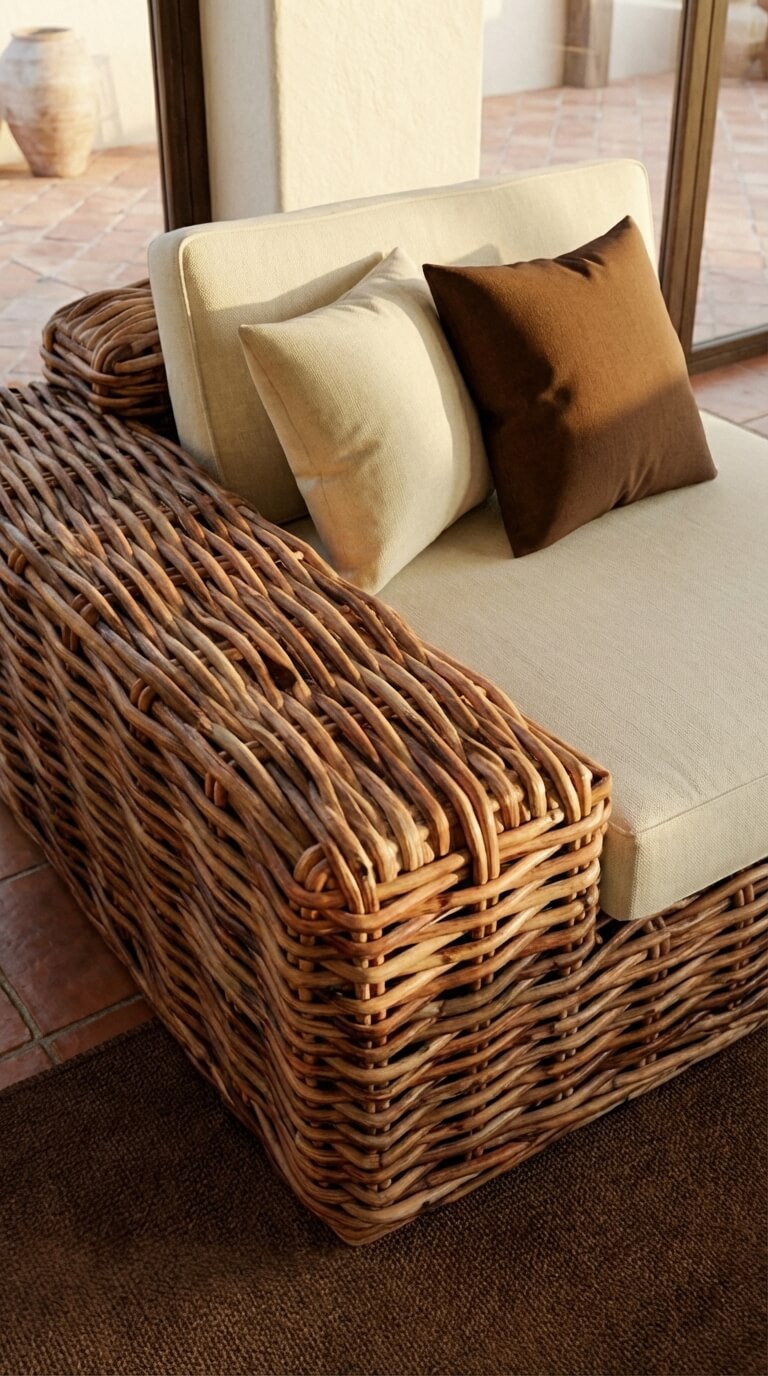 Wicker bench with cushions in a warm-toned interior setting