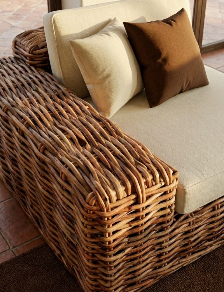 Wicker bench with cushions in a warm-toned interior setting