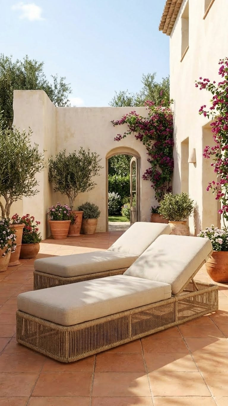 Detail of adjustable backrest on rattan outdoor lounge chair.