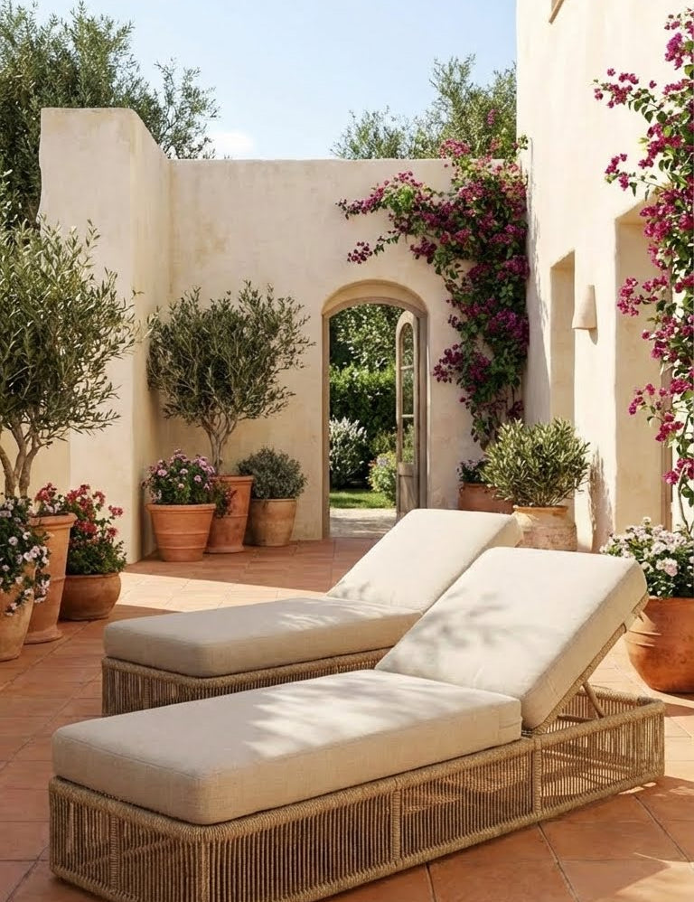 Detail of adjustable backrest on rattan outdoor lounge chair.