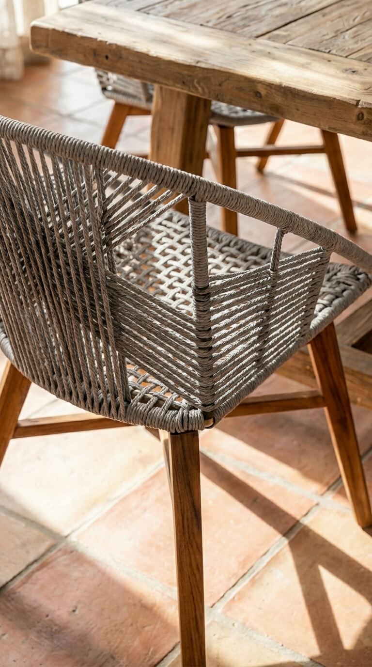 Teak wood dining chair in contemporary setting with rope
