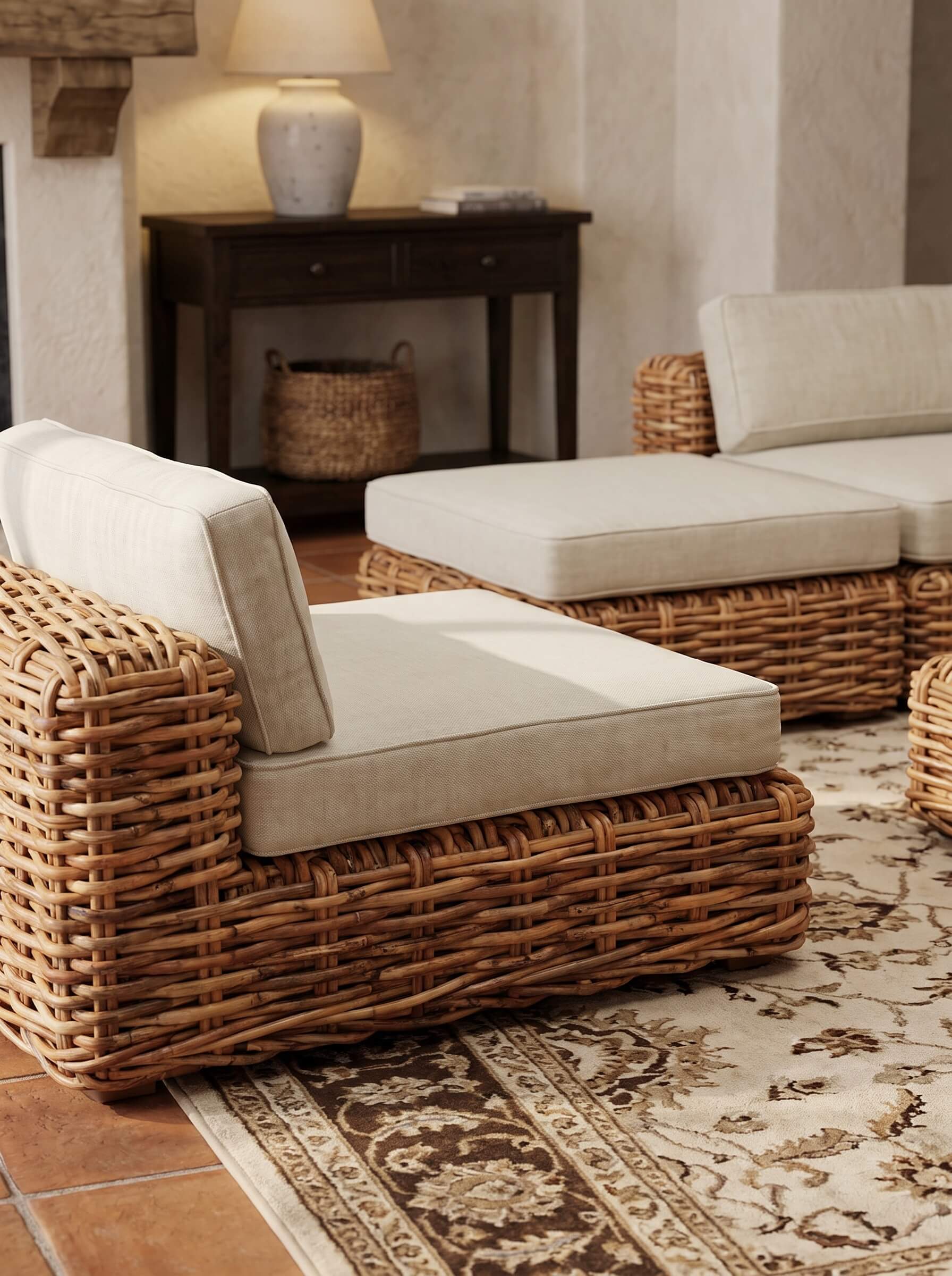 Close-up of handmade rattan pattern on module
Sculptural rattan lounge seating in living room