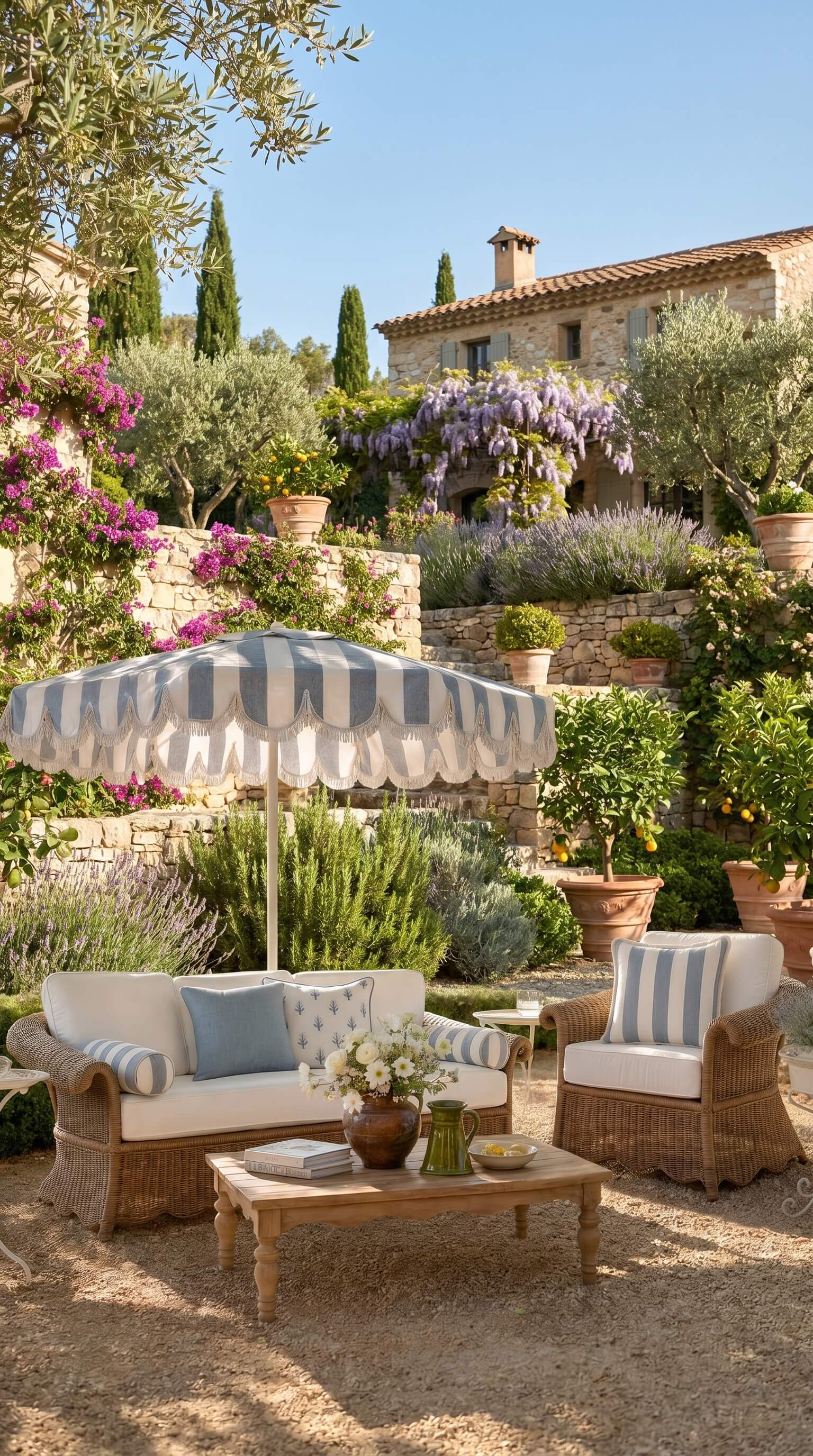 Outdoor patio with wicker furniture, striped umbrella, and garden setting