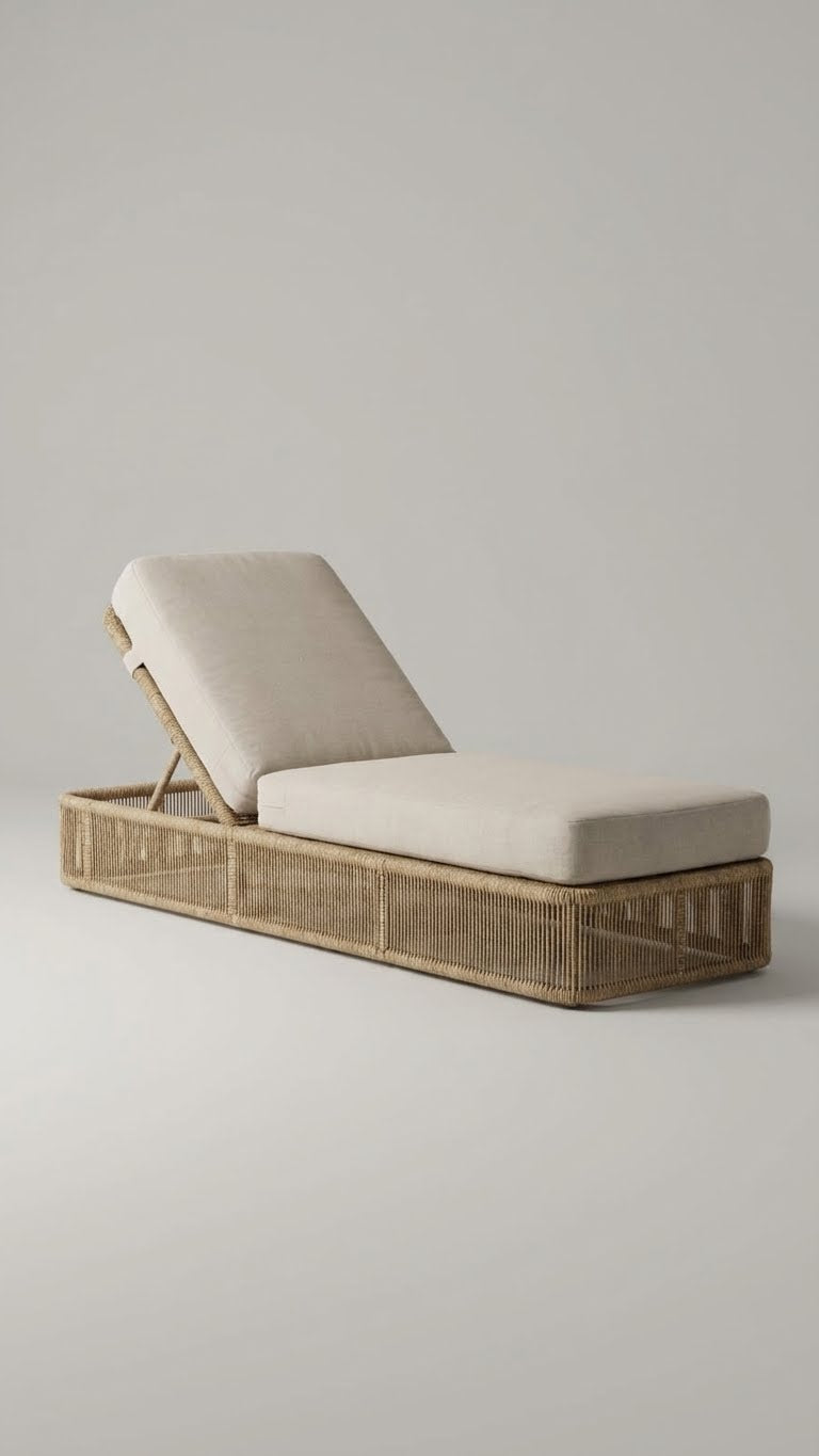 Handwoven rattan outdoor sun lounger with adjustable backrest and beige cushions.