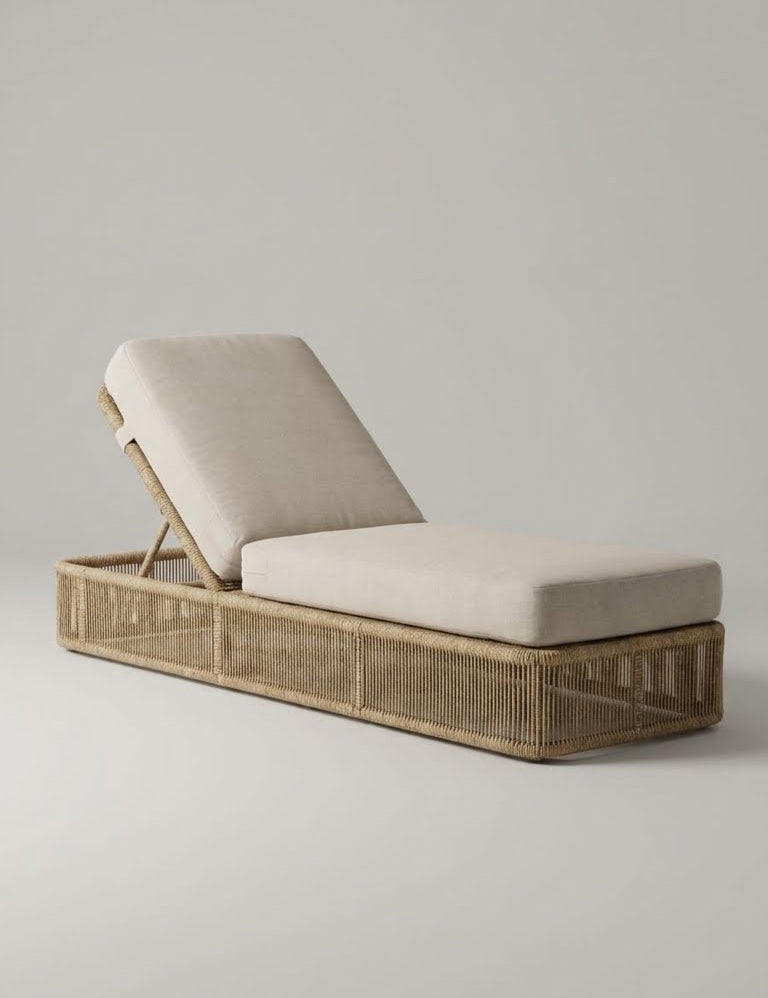Handwoven rattan outdoor sun lounger with adjustable backrest and beige cushions.