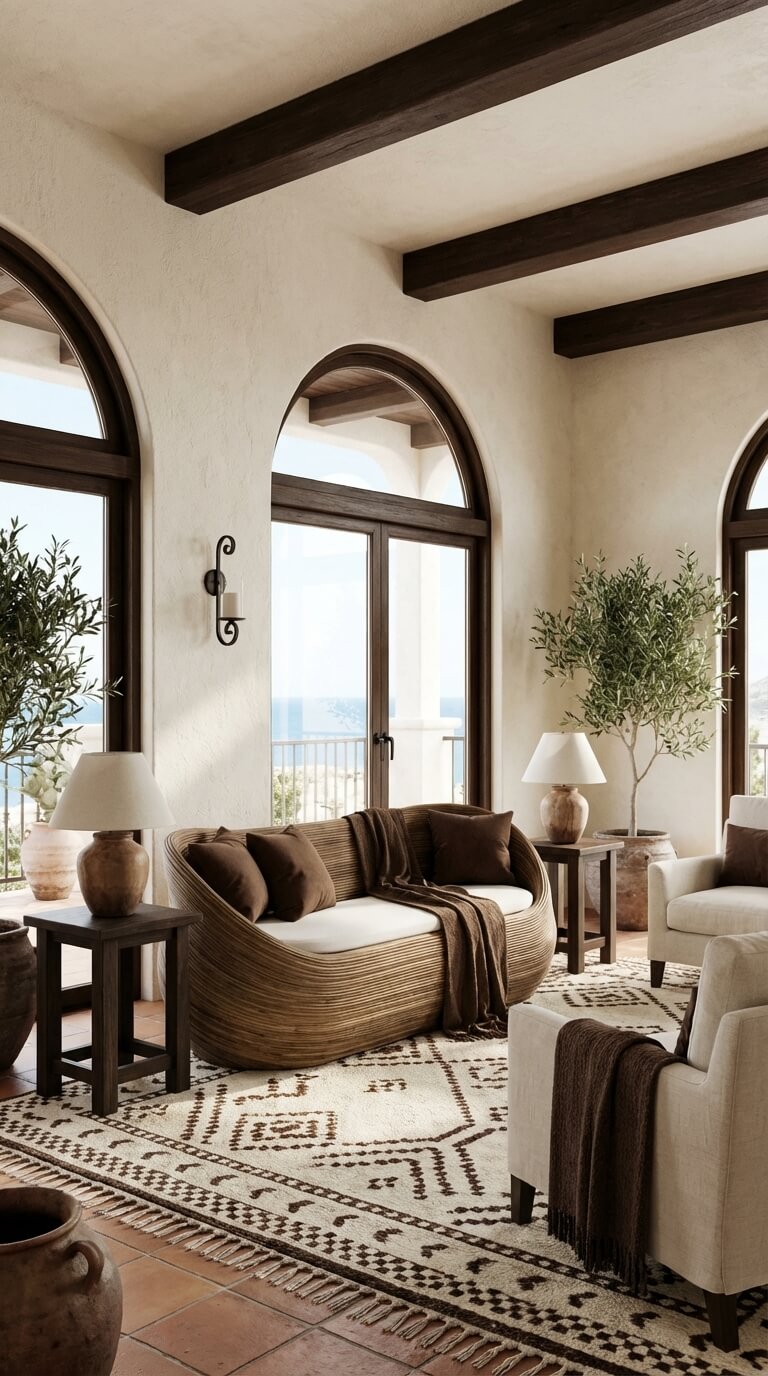 Living room with brown sofa, white armchair, and decorative elements.