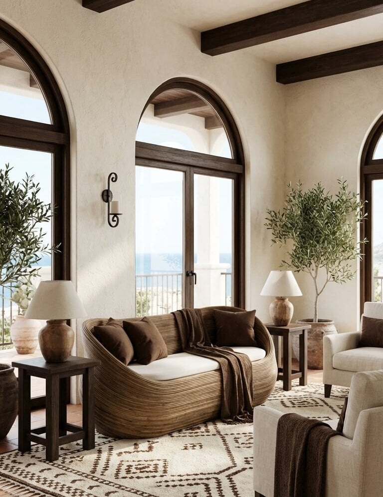 Living room with brown sofa, white armchair, and decorative elements.