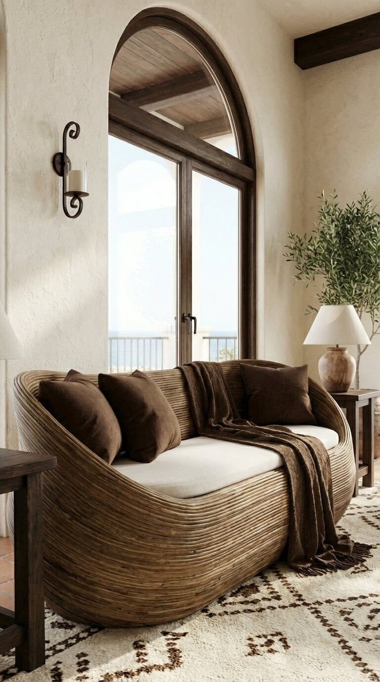 Cozy living room with a wicker sofa, cushions