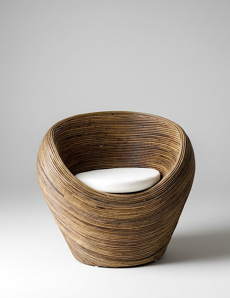 Brown Armchair Woven rattan lounge chair with curved base
