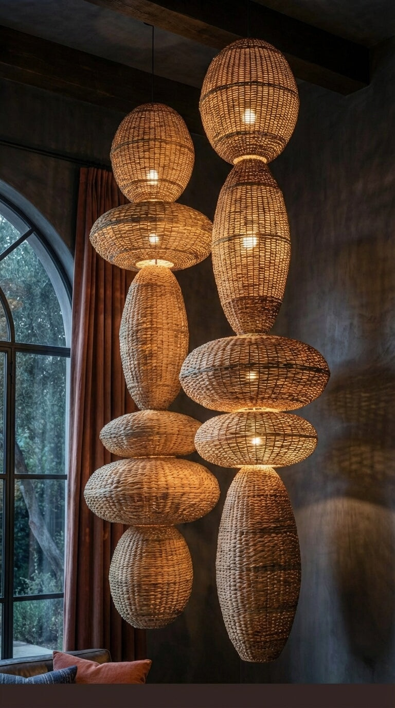 Woven rattan pendant lights hanging in a room with a window and curtain.