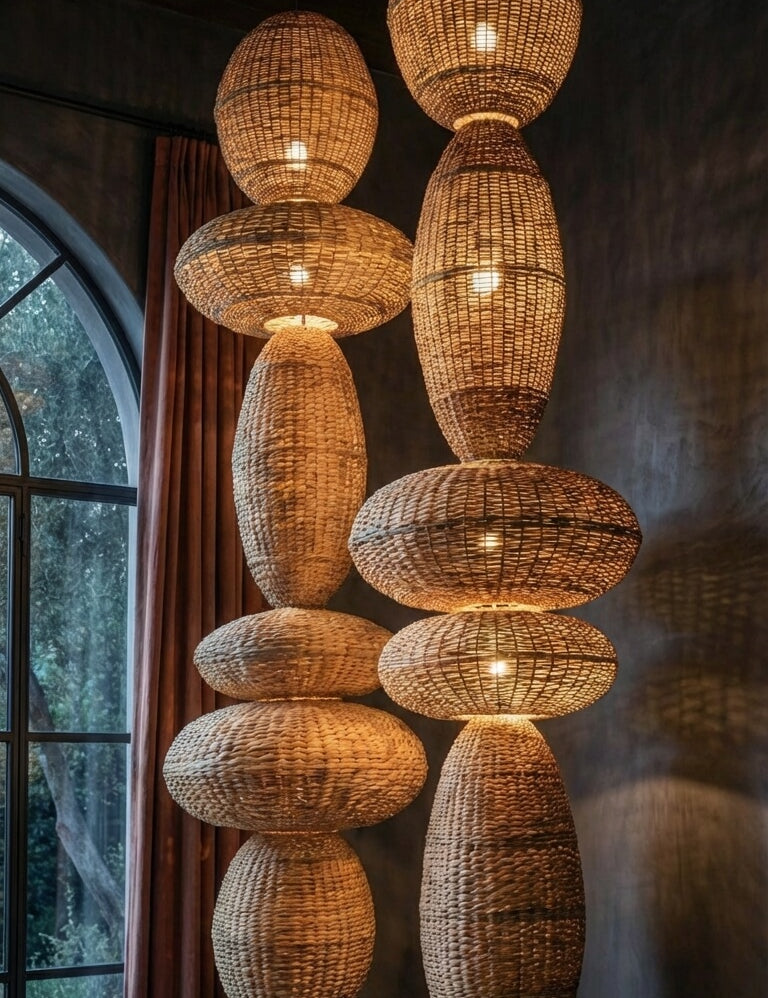 Woven rattan pendant lights hanging in a room with a window and curtain.