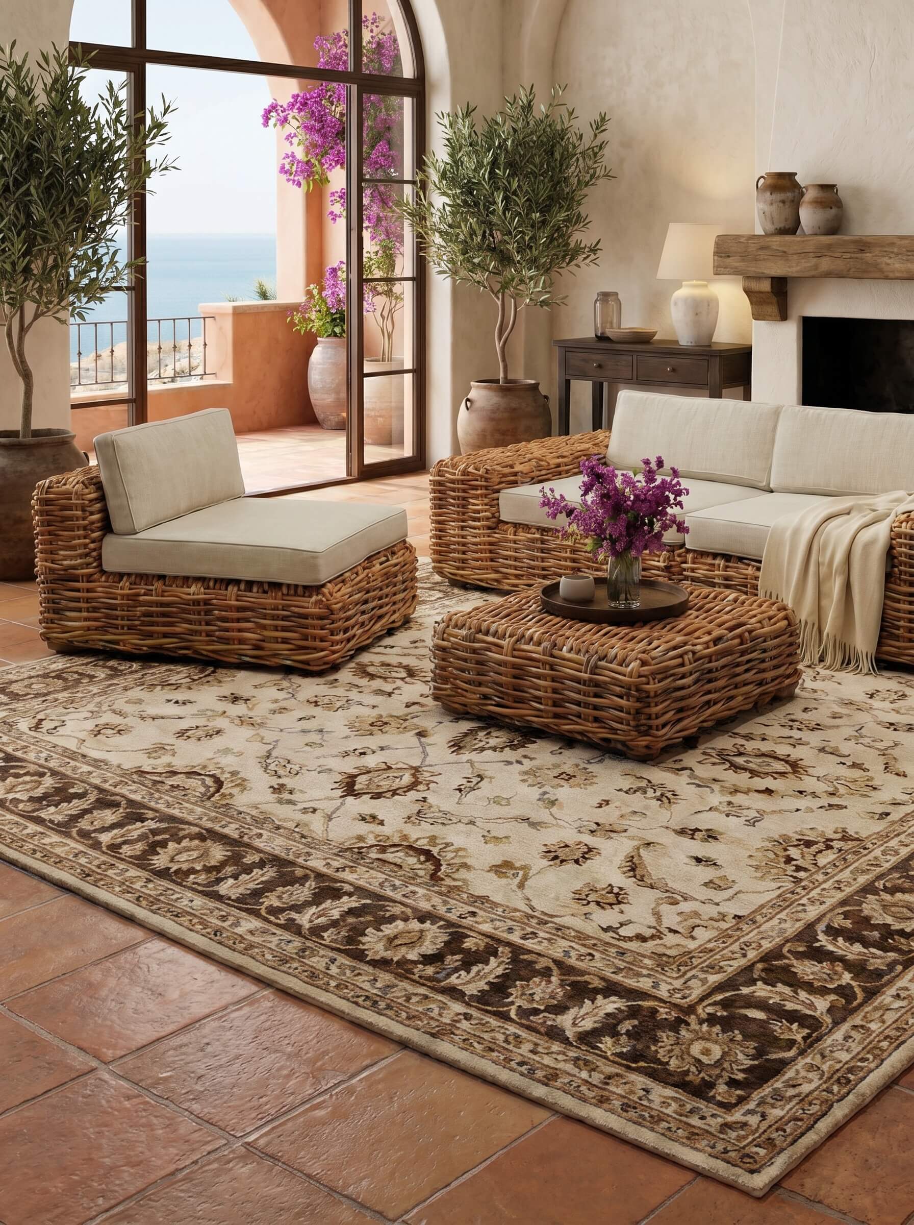living room with rattan furniture, and large windows overlooking a scenic view.