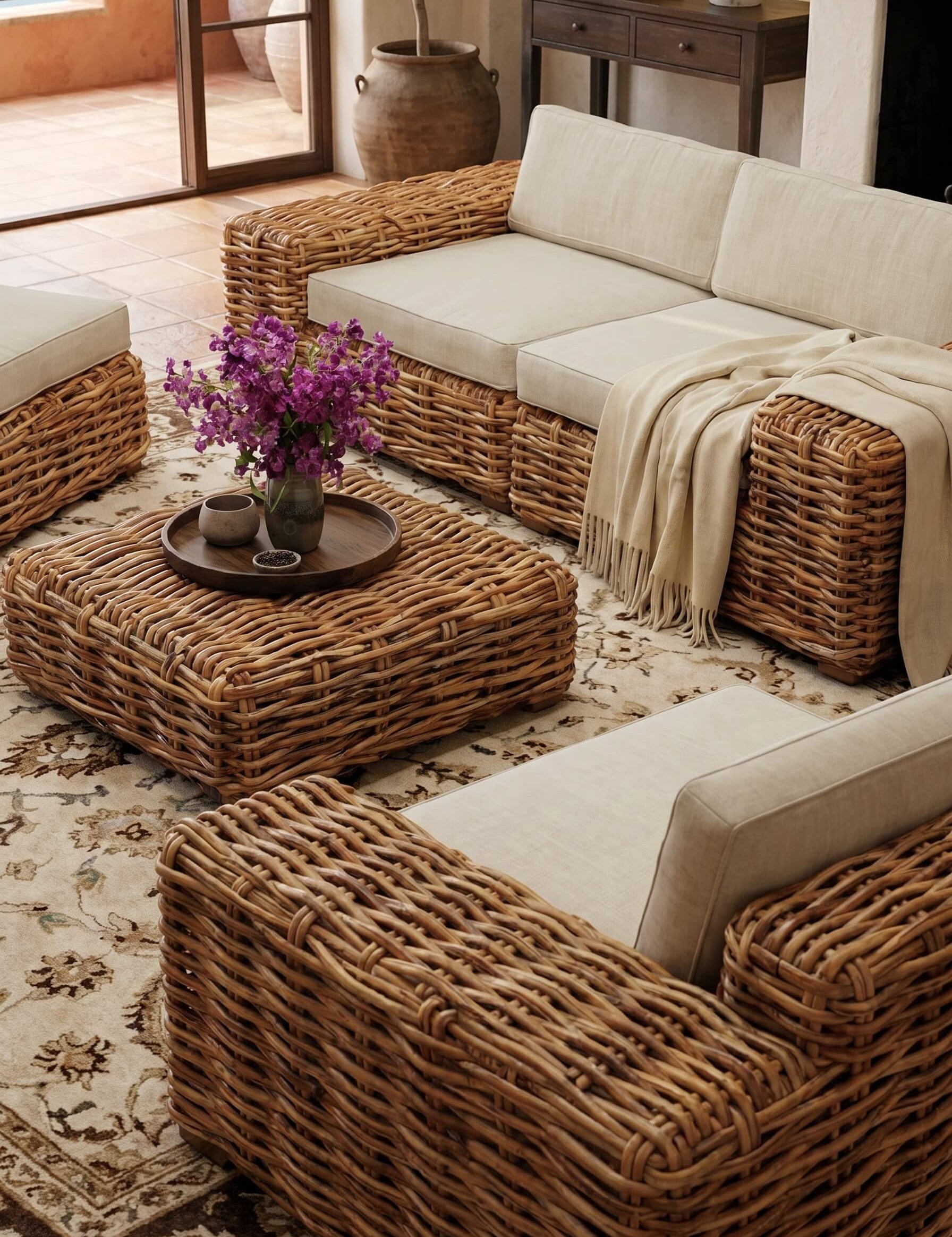 Cozy living room with wicker furniture, a fireplace, and large windows overlooking a scenic view.