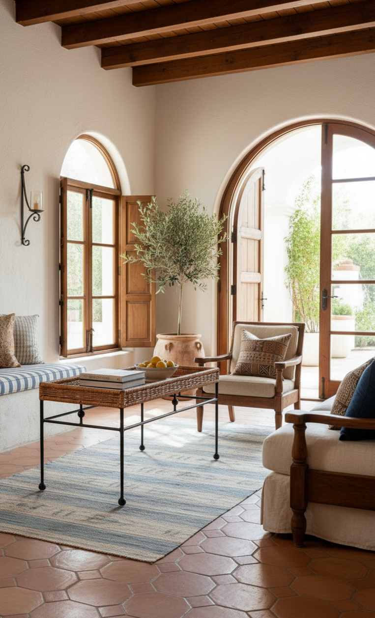 Sculptural rattan coffee table in neutral interior
