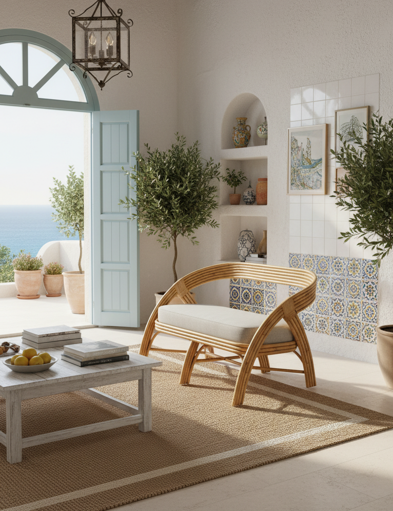 Living room with a wicker sofa, coffee table, and decorative elements.