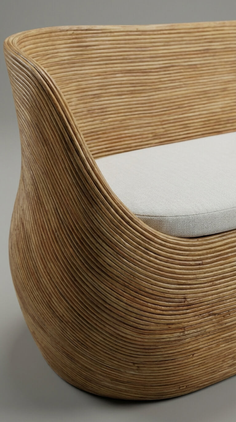 Woven chair with a white cushion on a neutral background