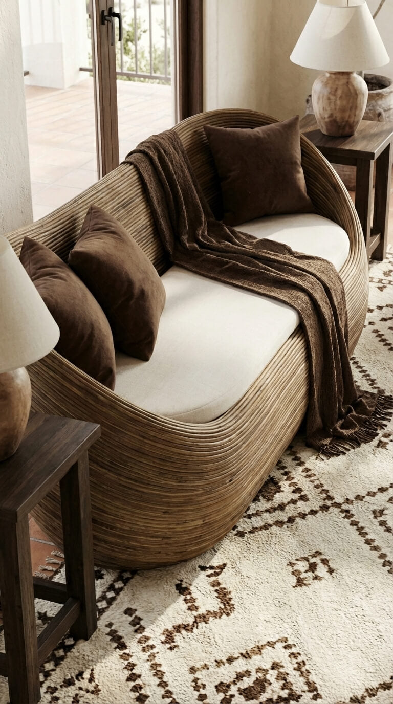Wicker chair with brown cushions and a blanket on a patterned rug in a room.
