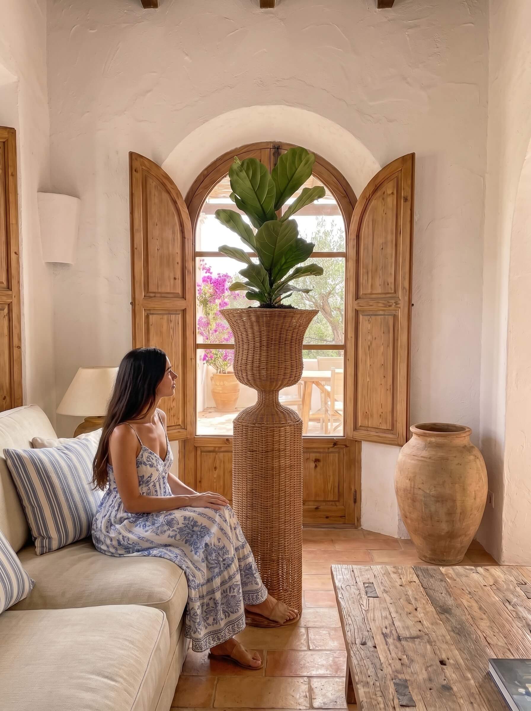 A woman sits on a cream sofa in a rustic, sunlit room with white plaster walls, wooden shutters, and a tall woven planter holding a green plant in the center.