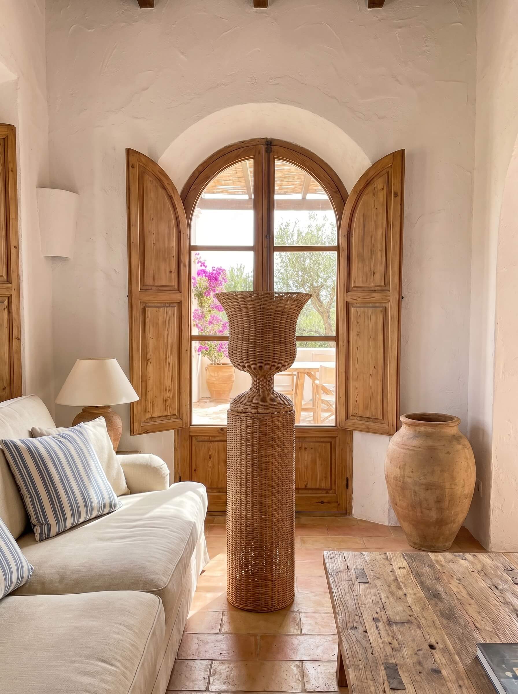 A rustic, bohemian-style living room featuring a tall, woven brown vase in the center of a tiled floor, flanked by a large clay pot, a cream sofa with striped pillows, and an arched wooden window with open shutters.