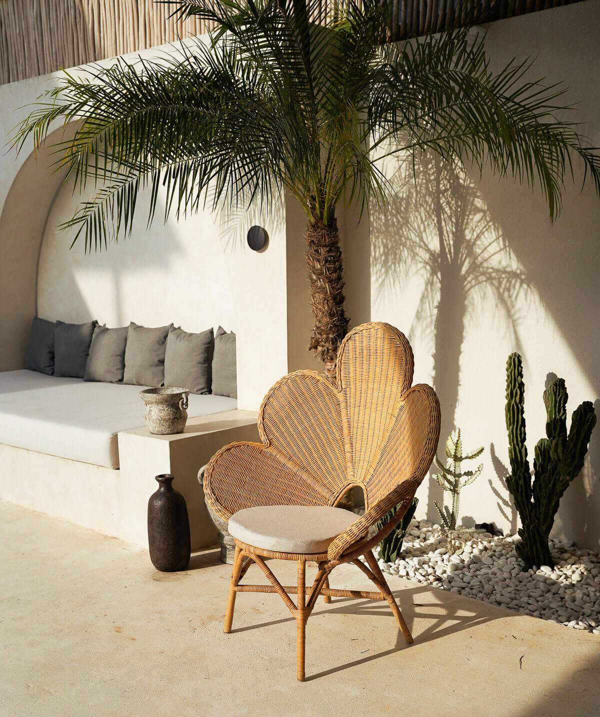 Modern rattan dining chair with natural tones
