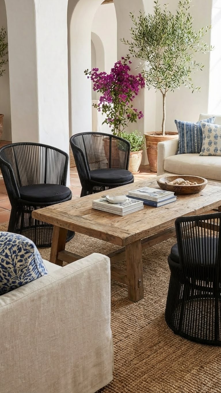 Living room with wooden coffee table, black chairs, and decorative elements.