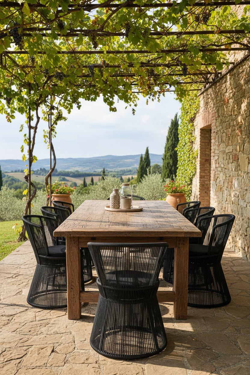 Outdoor dining setup with wooden table and black chairs under a stone archway with greenery.