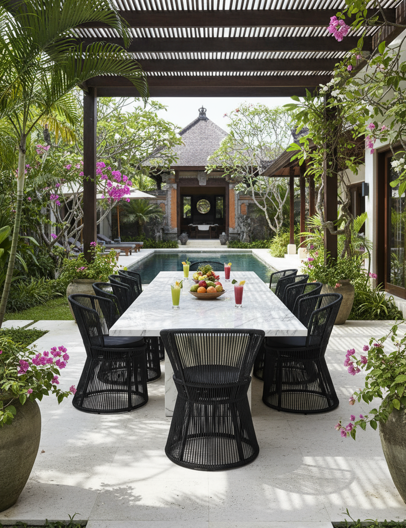 Outdoor dining area with a table and chairs under a pergola in a garden setting.