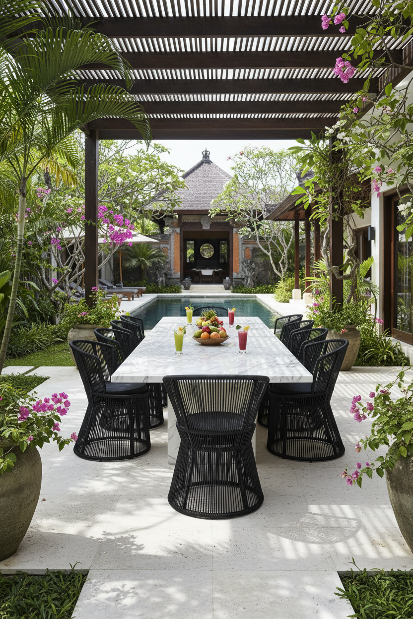 Outdoor dining area with a table and chairs under a pergola in a garden setting.