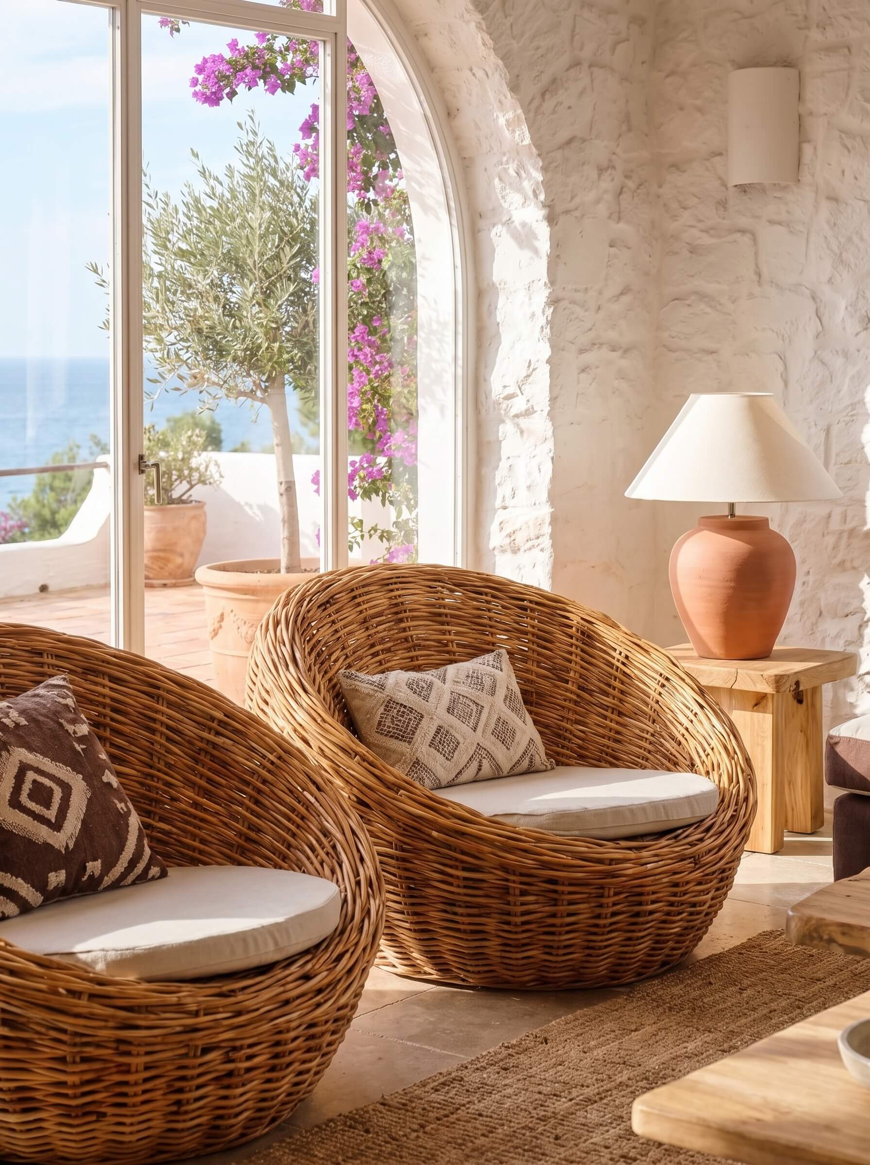 Two round woven wicker lounge chairs with cream cushions in a sunlit Mediterranean-style room, with an arched window showing the sea and a stone lamp on a side table.