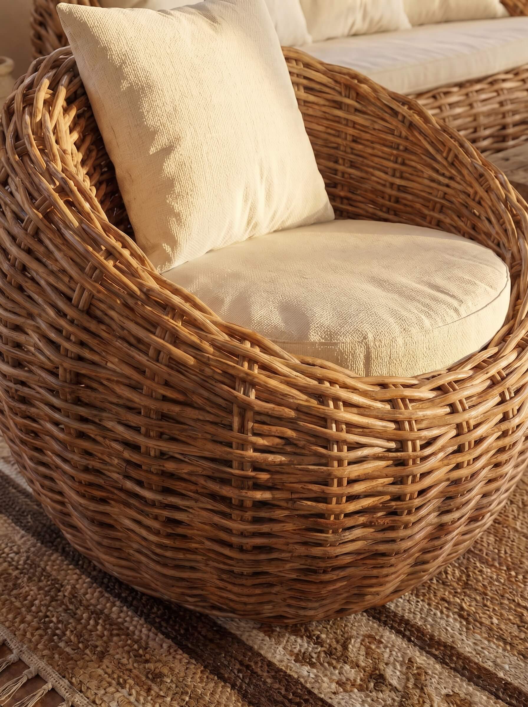 A round woven rattan armchair with a thick cream-colored cushion and a matching square back pillow, resting on a textured woven rug.