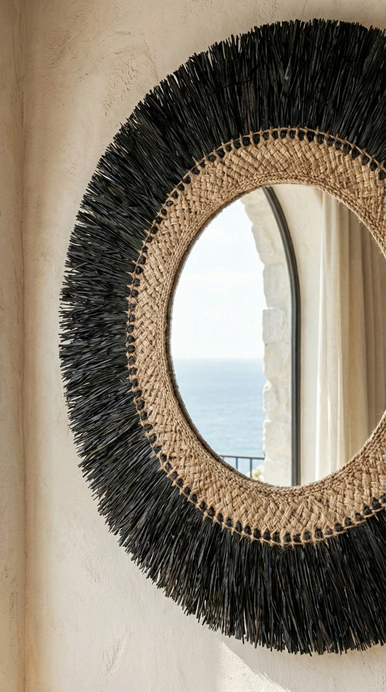 Round mirror with black fringe on a wall with a view of the ocean.