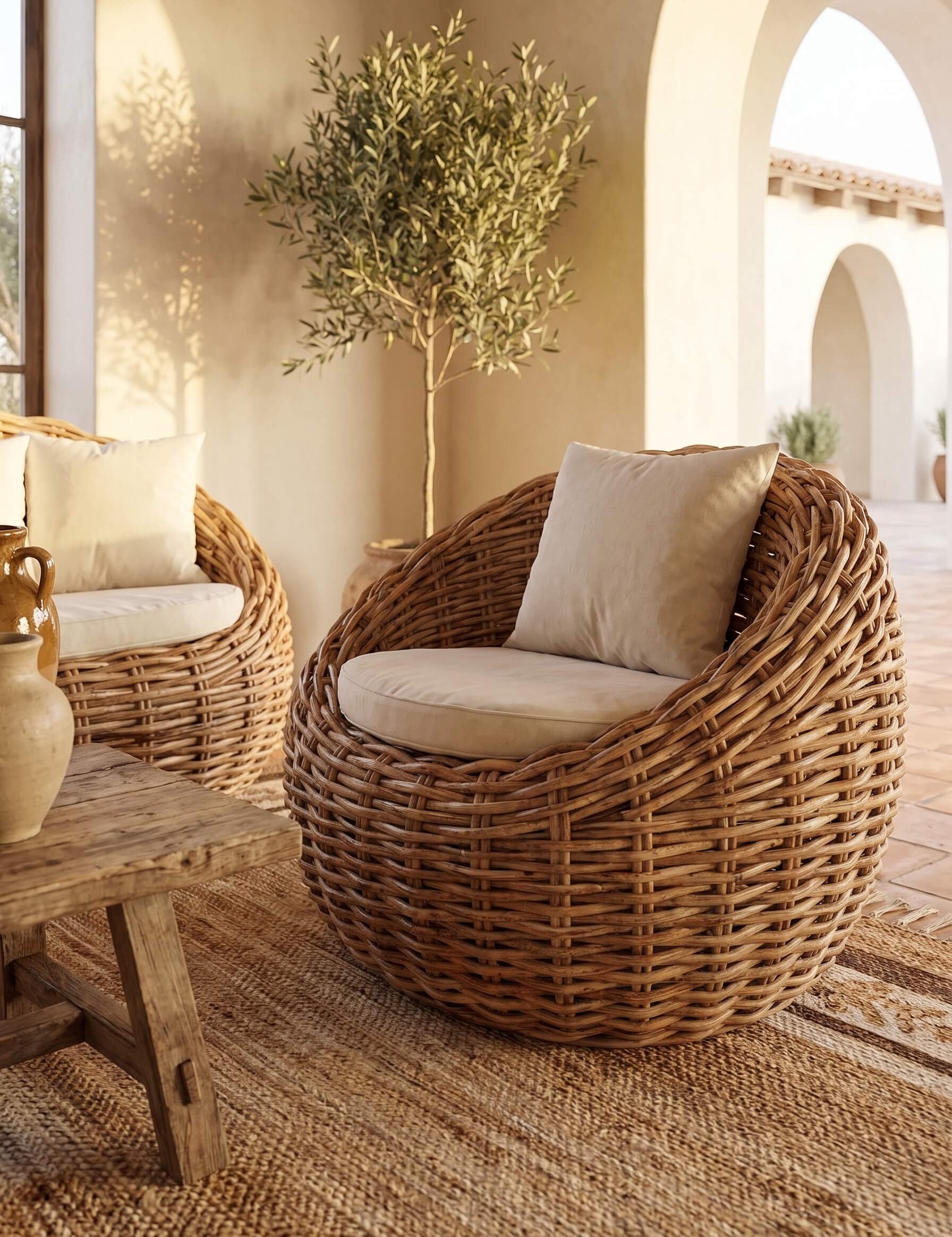 A round woven rattan armchair with a thick cream cushion and matching pillow, styled in a warm, sunlit Mediterranean patio setting with a wooden table and another chair in the background.