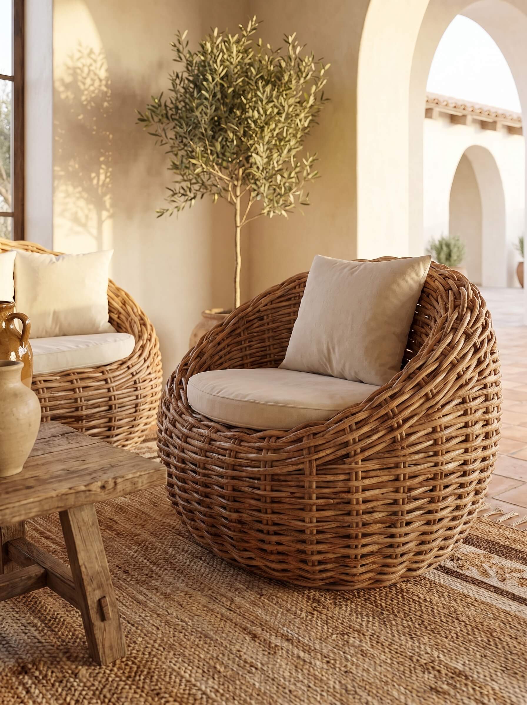 A round woven rattan armchair with a thick cream cushion and matching pillow, styled in a warm, sunlit Mediterranean patio setting with a wooden table and another chair in the background.