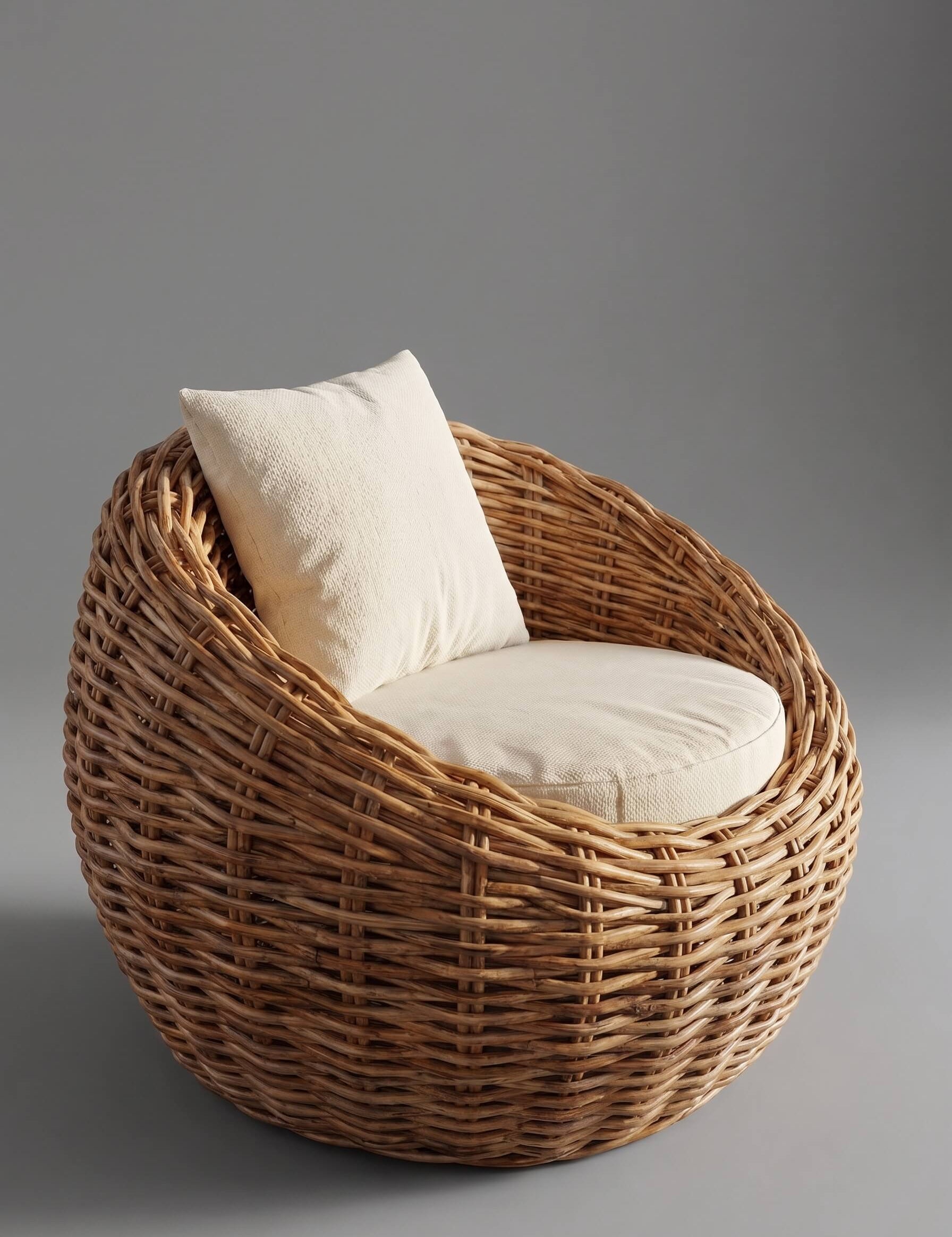 A round woven rattan armchair with a tall backrest, upholstered in natural beige fabric cushions, set against a solid gray studio background.