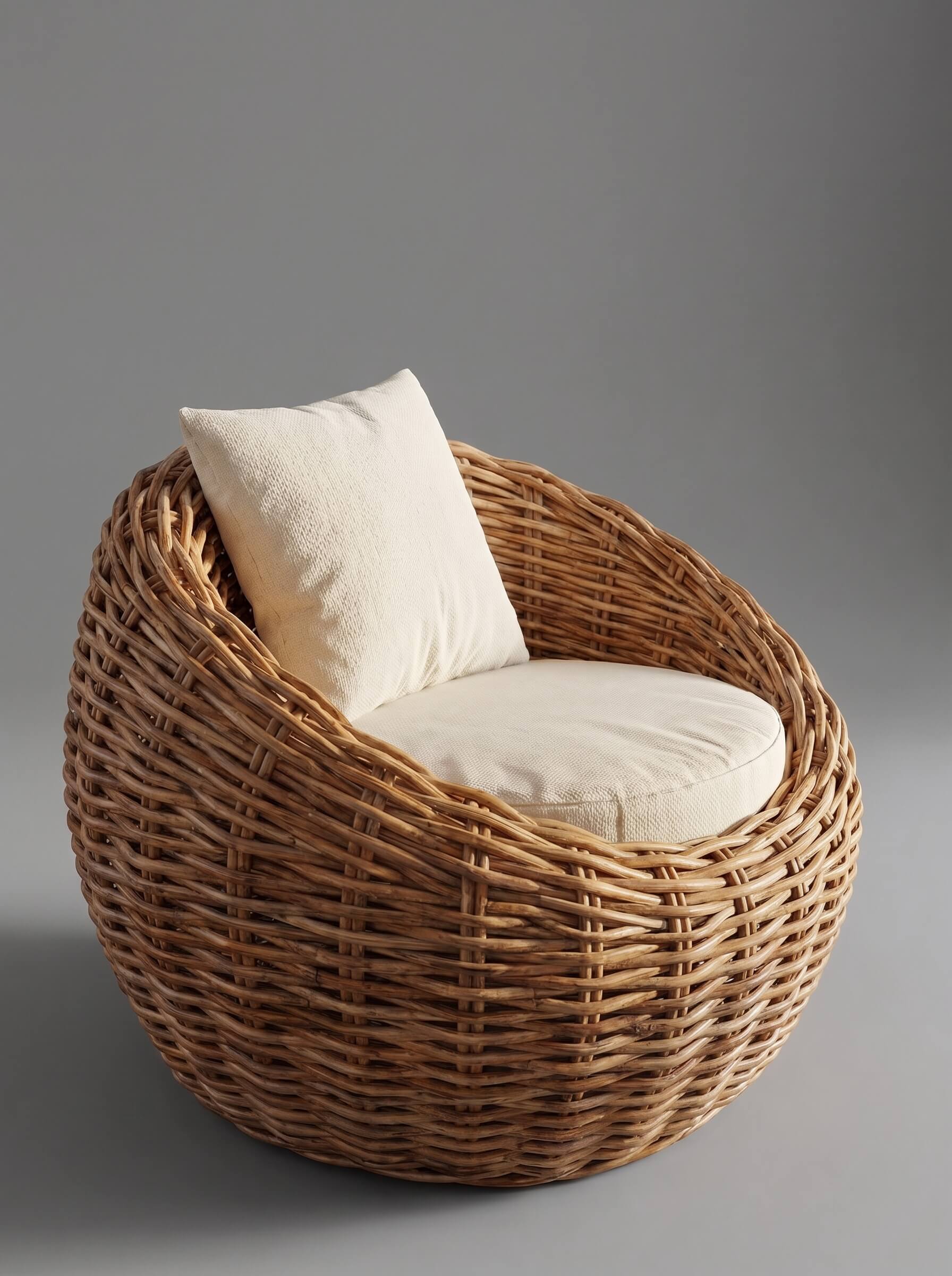 A round woven rattan armchair with a tall backrest, upholstered in natural beige fabric cushions, set against a solid gray studio background.