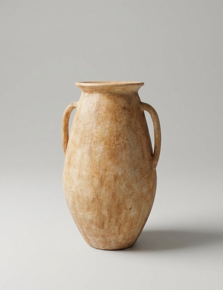 Beige ceramic vase with handles on a light gray background