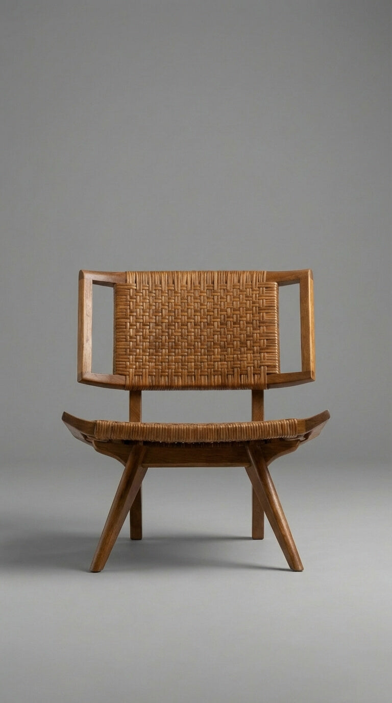 Teak wood accent chair placed in living space
Sculptural teak wood armchair in modern room