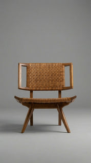 Teak wood accent chair placed in living space
Sculptural teak wood armchair in modern room