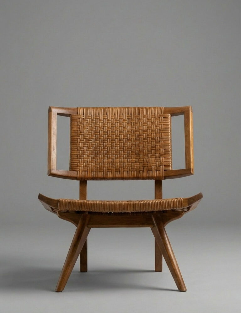 Teak wood accent chair placed in living space
Sculptural teak wood armchair in modern room