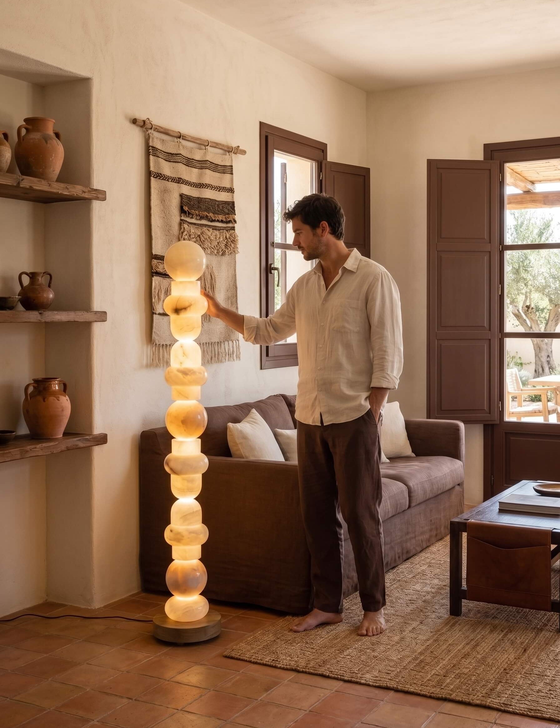 A man in a beige shirt and brown pants stands barefoot in a rustic living room next to a glowing, spherical stacked floor lamp. The room features terracotta tile floors, a brown sofa, and wooden shutters.