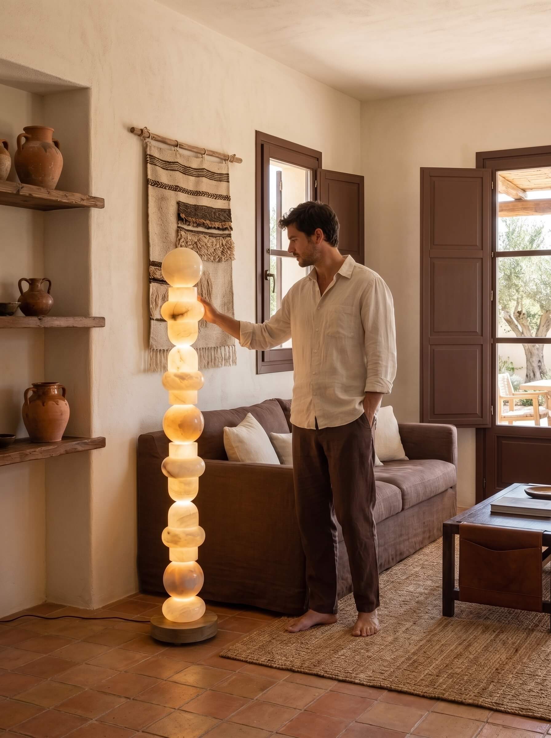 A man in a beige shirt and brown pants stands barefoot in a rustic living room next to a glowing, spherical stacked floor lamp. The room features terracotta tile floors, a brown sofa, and wooden shutters.