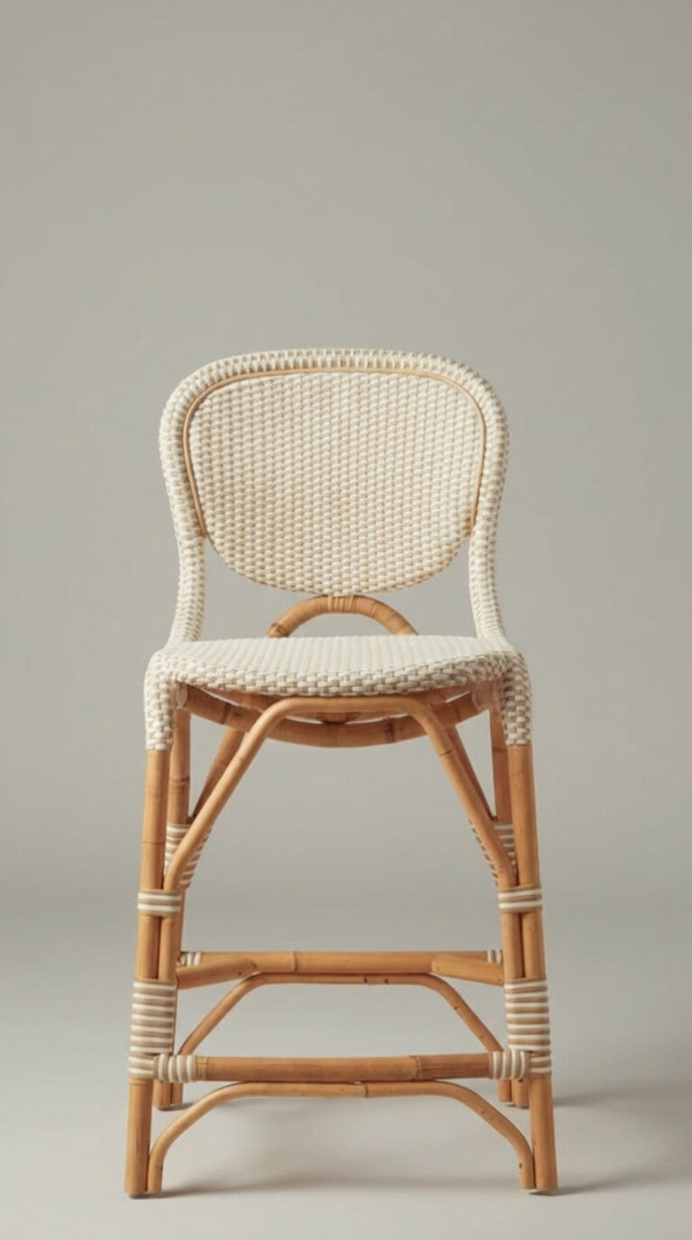Wicker chair with a white woven backrest on a neutral background