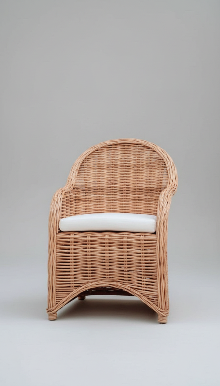 Wicker armchair with a white cushion on a gray background