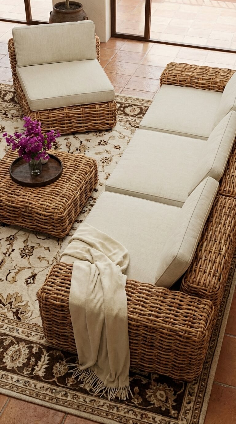 Wicker outdoor furniture set with white cushions on a patterned rug.