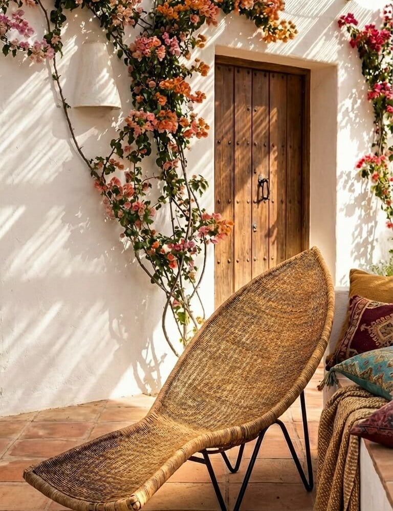 Wicker chair in a sunlit outdoor setting with flowers and a wooden door.