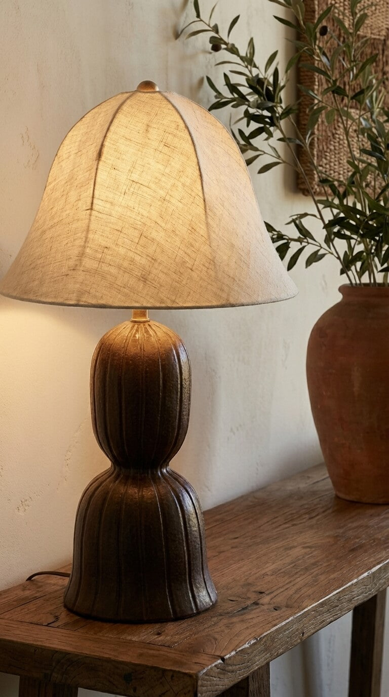 Table lamp with a textured base and linen shade on a wooden surface, with a plant in the background.