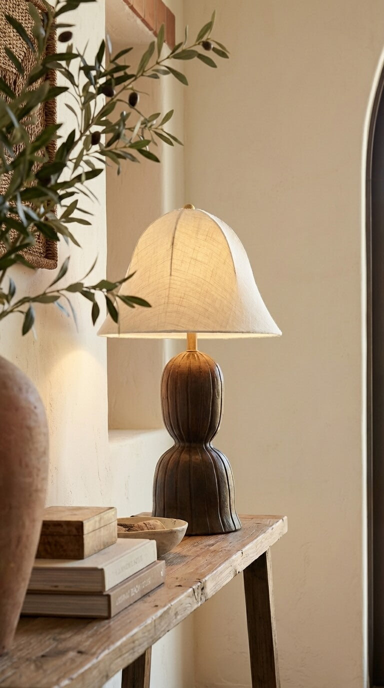 Table lamp with a white shade on a wooden table next to a plant and books.
