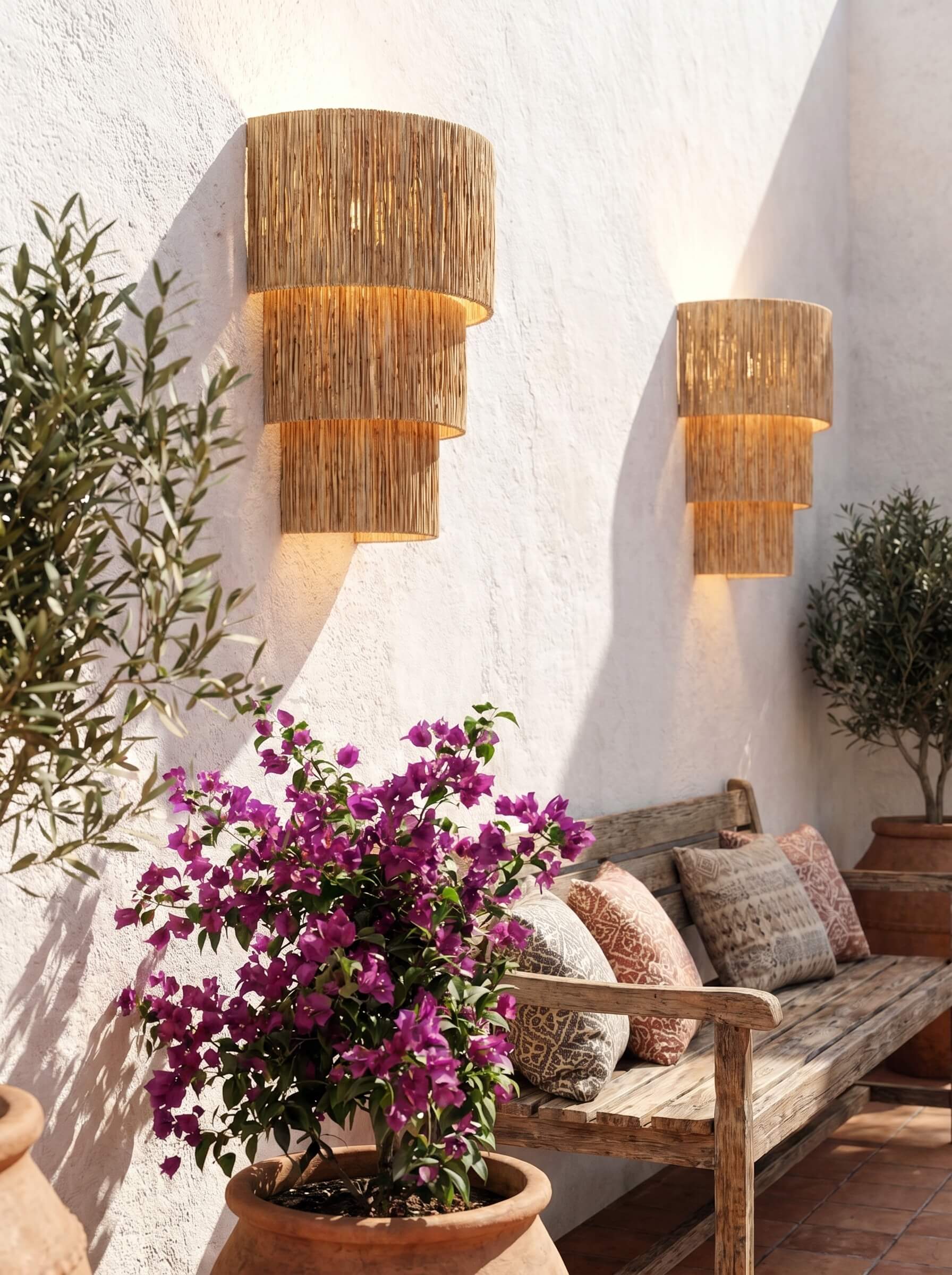 Two cylindrical wall sconces with woven natural-fiber shades mounted on a white stucco wall in a patio setting, with a wooden bench, pillows, and potted plants nearby.