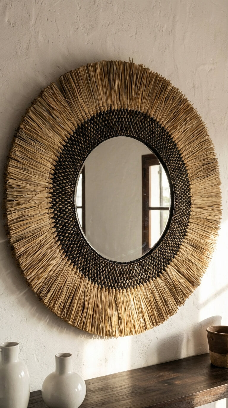 Round woven mirror with natural 